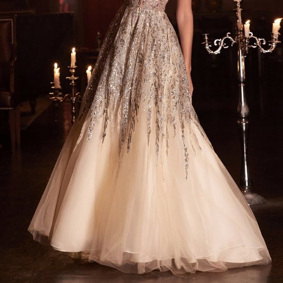 CHAMPAGNE  COLOR PROM PARTY FORMAL EVENING A-LINE BEADED SHIMMER BALL GOWN cd135 - Picture 5 of 6